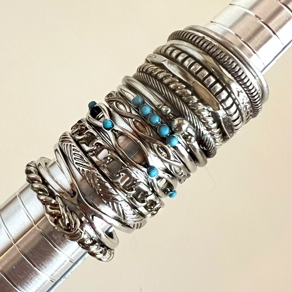 Set of 15 Silver Tone and Turquoise Stacking Rings - Picture 1 of 6